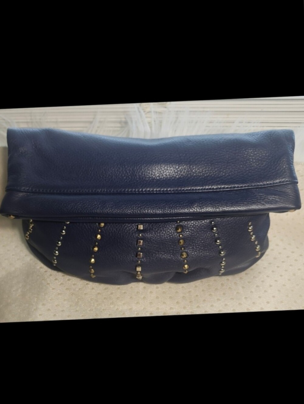 LOFT Navy Fold-Over Clutch with Gold Stud Accents